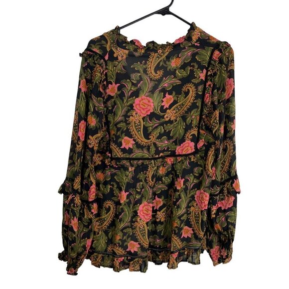 NWT Spell & The Gypsy Etienne Boho Floral Balloon Sleeve Ruffle Blouse Noir Size - Picture 10 of 11